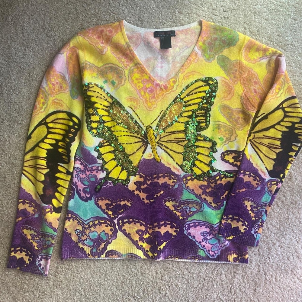 Vintage Custo Barcelona Y2K Sequin Butterfly V-Neck Long Sleeve Size L Fairycore